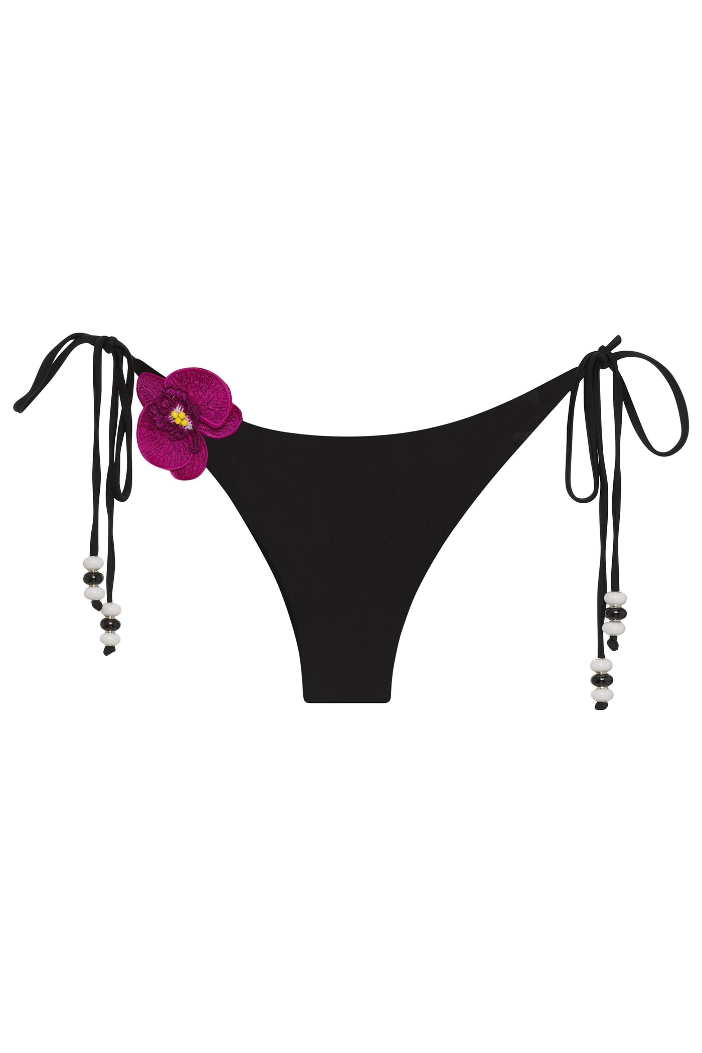 Black / XS Lycaste Fuchsia w/ Embroidered Orchid Tie Side Bikini Bottom 2022 Nikoza Swimwear Lycaste Fuchsia Designer Tie Side Bikini Bottom Olga Nikoza Swimwear