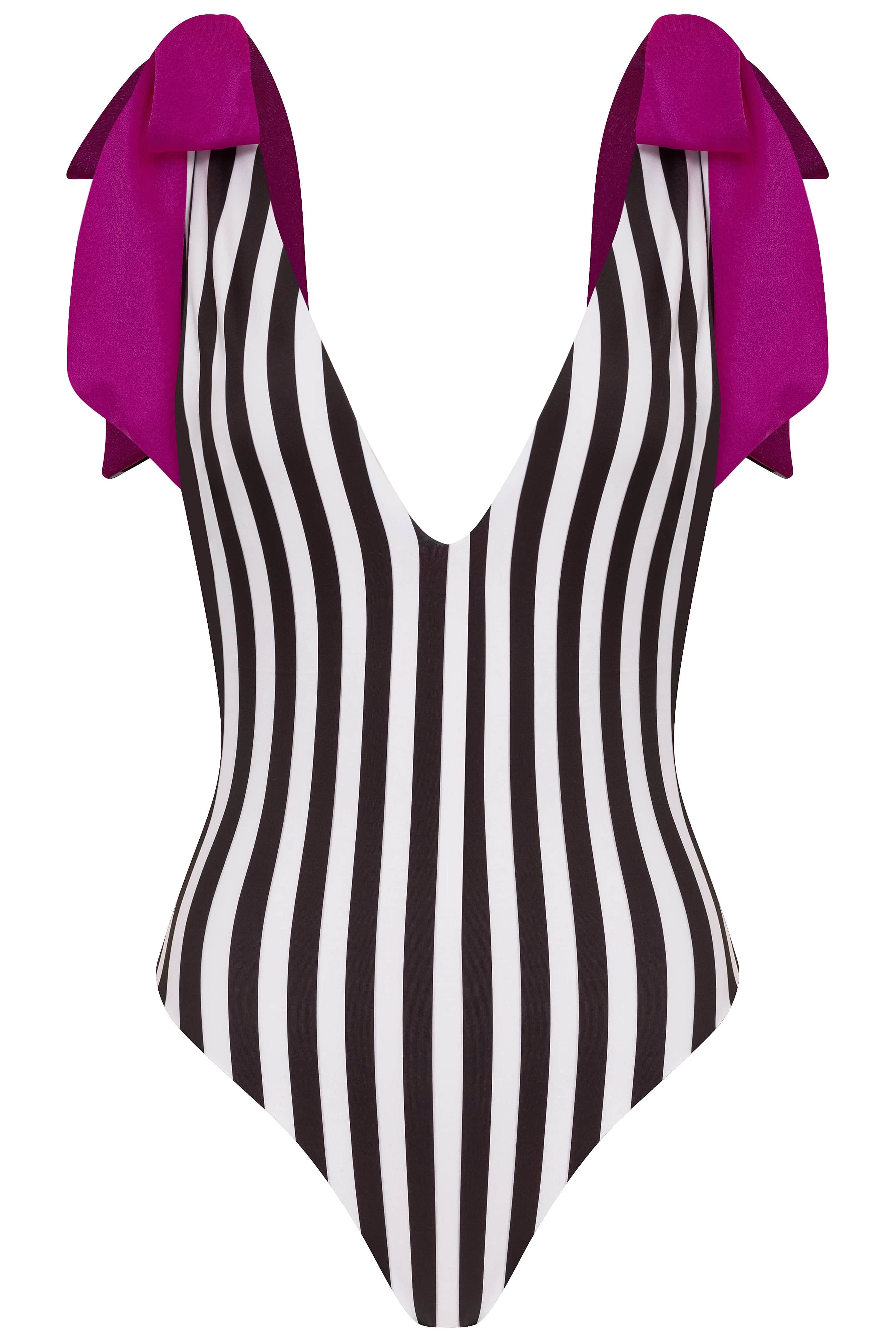 Olga Nikoza Swimwear 2023 American Lady Black White Stripe Fuchsia One Piece Swimsuit stripe pink reversible L