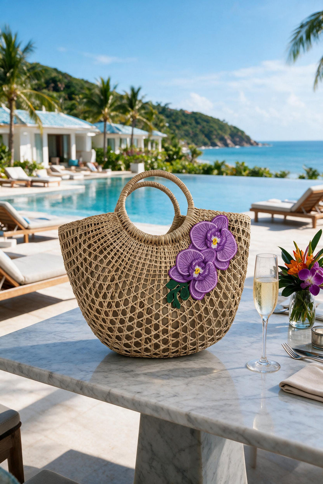 Island Orchid Straw Beach Bag