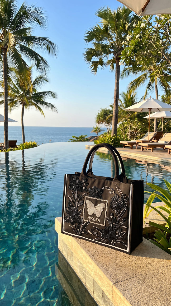 Bag Black Midnight Bloom Beach Bag Midnight Bloom Beach Bag | Hand-Beaded Luxury Tote NIKOZA
