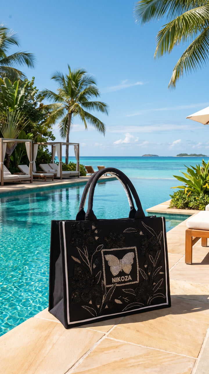 Bag Black Midnight Bloom Beach Bag Midnight Bloom Beach Bag | Hand-Beaded Luxury Tote NIKOZA