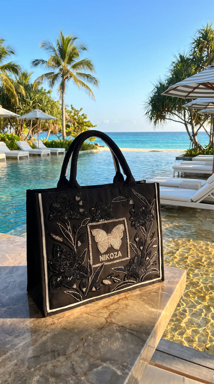 Bag Black Midnight Bloom Beach Bag Midnight Bloom Beach Bag | Hand-Beaded Luxury Tote NIKOZA