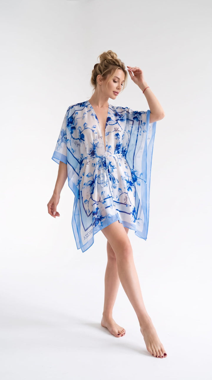 Tunic Cover-Up blue-white / One Size Fleur de Mer Tunic Cover-Up Blue Floral Tunic Cover-Up | Santorini Collection | NIKOZA NIKOZA
