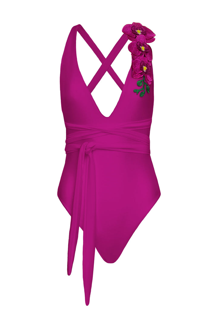 one piece swimwear Fuchsia / XS Oncidium Oncidium White One-Piece | Orchid Embroidered Swimsuit | Nikoza NIKOZA