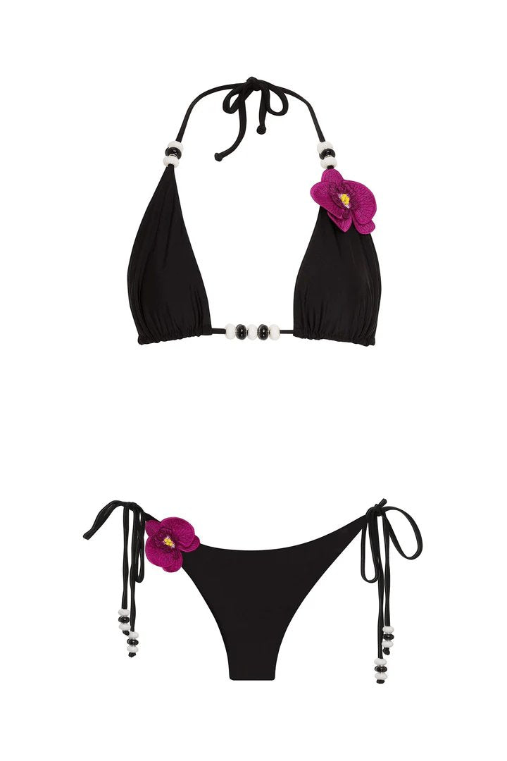bikini LYCASTE TOP & BOTTOM BLACK BIKINI Lycaste Black Bikini Set | 3D Orchid Embroidered Swimwear | Nikoza NIKOZA