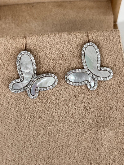 Earrings Silver 925 Silver with Mother Of Pearl Cubic Zirconia  Stud Butterfly Earring Jewelry 2023 Silver Mother Of Pearl CZ Dangle Stud Butterfly Earring NIKOZA
