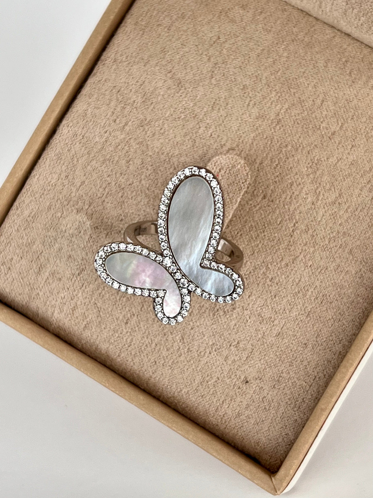.925 Silver Ring w/ Mother Of Pearl Butterfly encrusted with Cubic Zirconia Jewelry 2023 Silver .925 Cubic Zirconia  Butterfly Ring Jewelry Olga Nikoza Swimwear