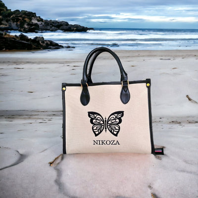 Tote Bag 2023 White w/ Black Trim Nikoza Swimwear Logo Beach Tote Bag Olga Nikoza Swimwear