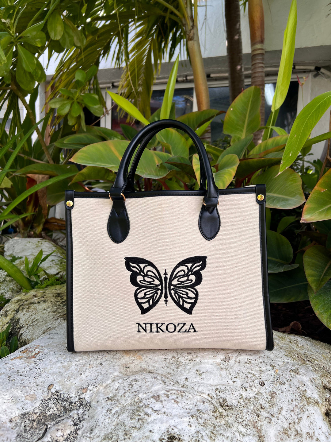 Tote Bag 2023 White w/ Black Trim Nikoza Swimwear Logo Beach Tote Bag Olga Nikoza Swimwear