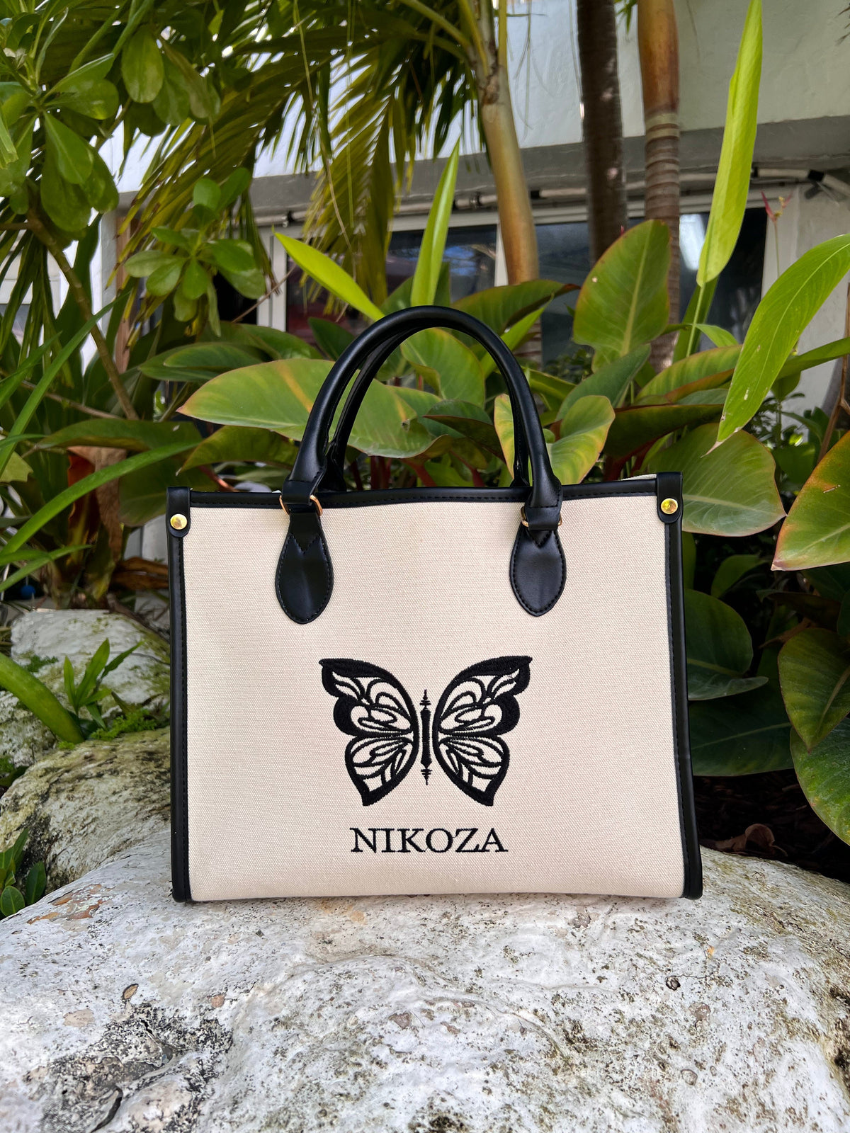 Tote Bag 2023 White w/ Black Trim Nikoza Swimwear Logo Beach Tote Bag Olga Nikoza Swimwear
