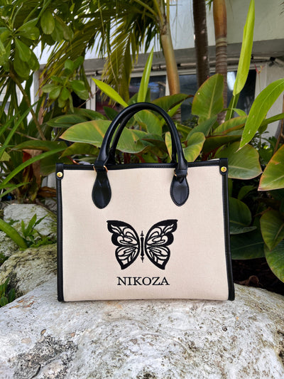 Tote Bag 2023 White w/ Black Trim Nikoza Swimwear Logo Beach Tote Bag Olga Nikoza Swimwear