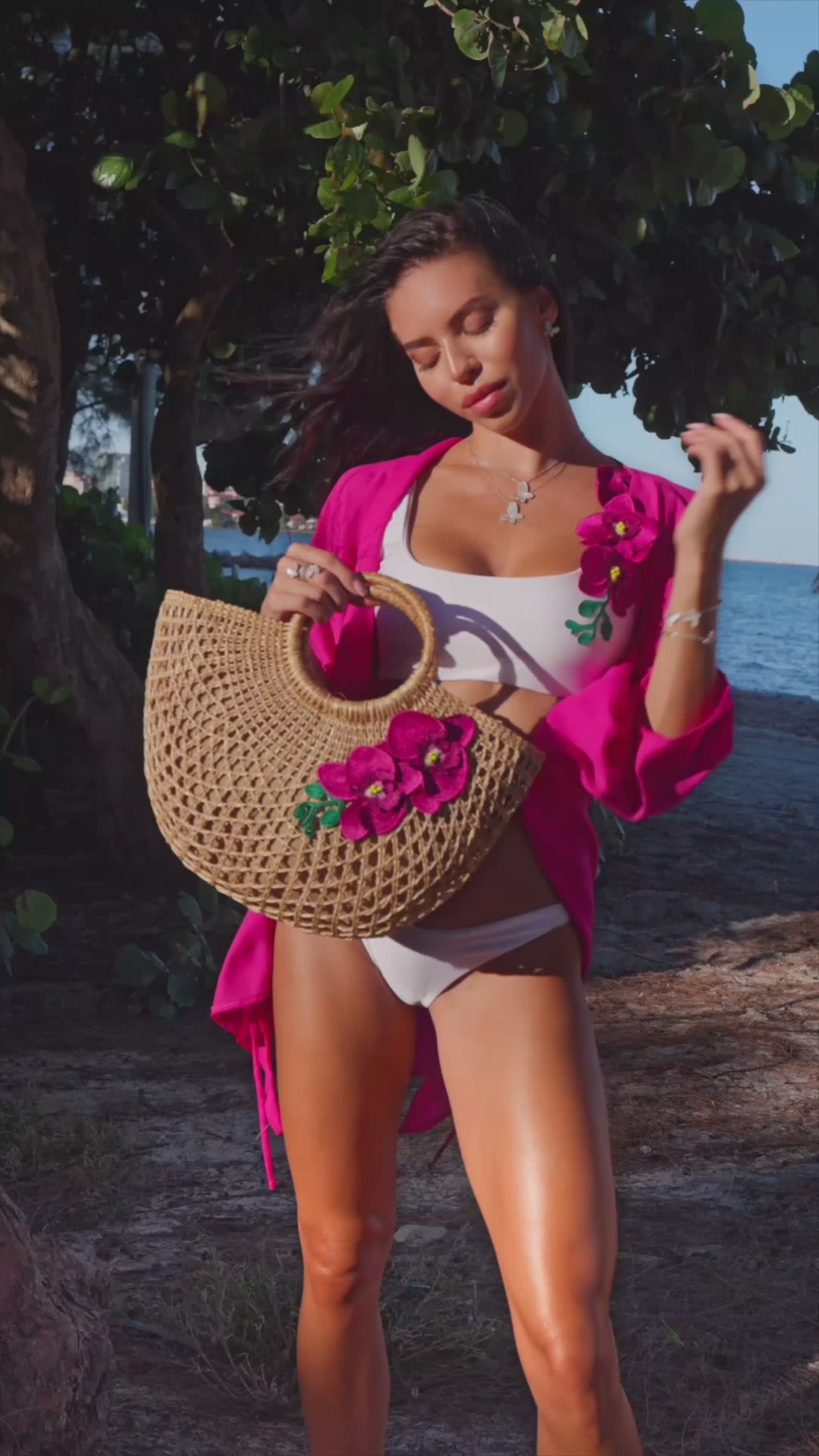 Island Orchid Straw Beach Bag