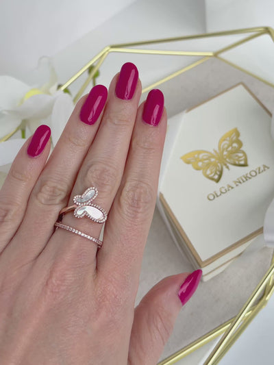 18K Rose Gold w/ Mother Of Pearl Cubic Zirconia Encrusted Swirl Butterfly Ring Jewelry