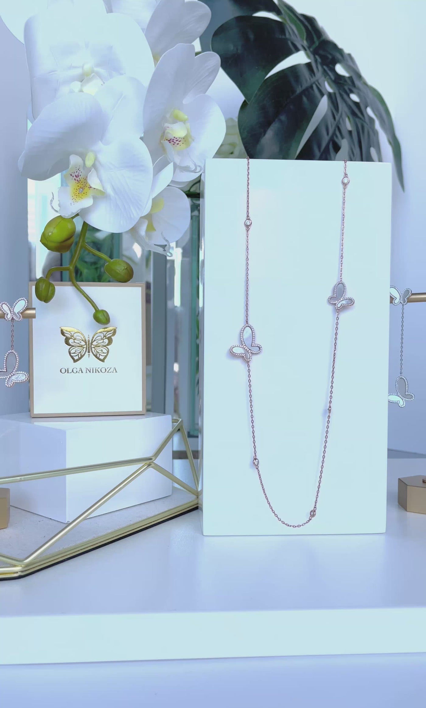 .925 Silver CZ & Mother Of Pearl Butterfly Women's Long Necklace Jewelry
