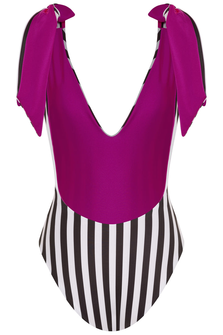 American Lady Fuchsia/B&W Stripe Reversible One Piece Swimsuit 2022 American Lady Black Fuchsia White Stripe One Piece Swimsuit Olga Nikoza Swimwear