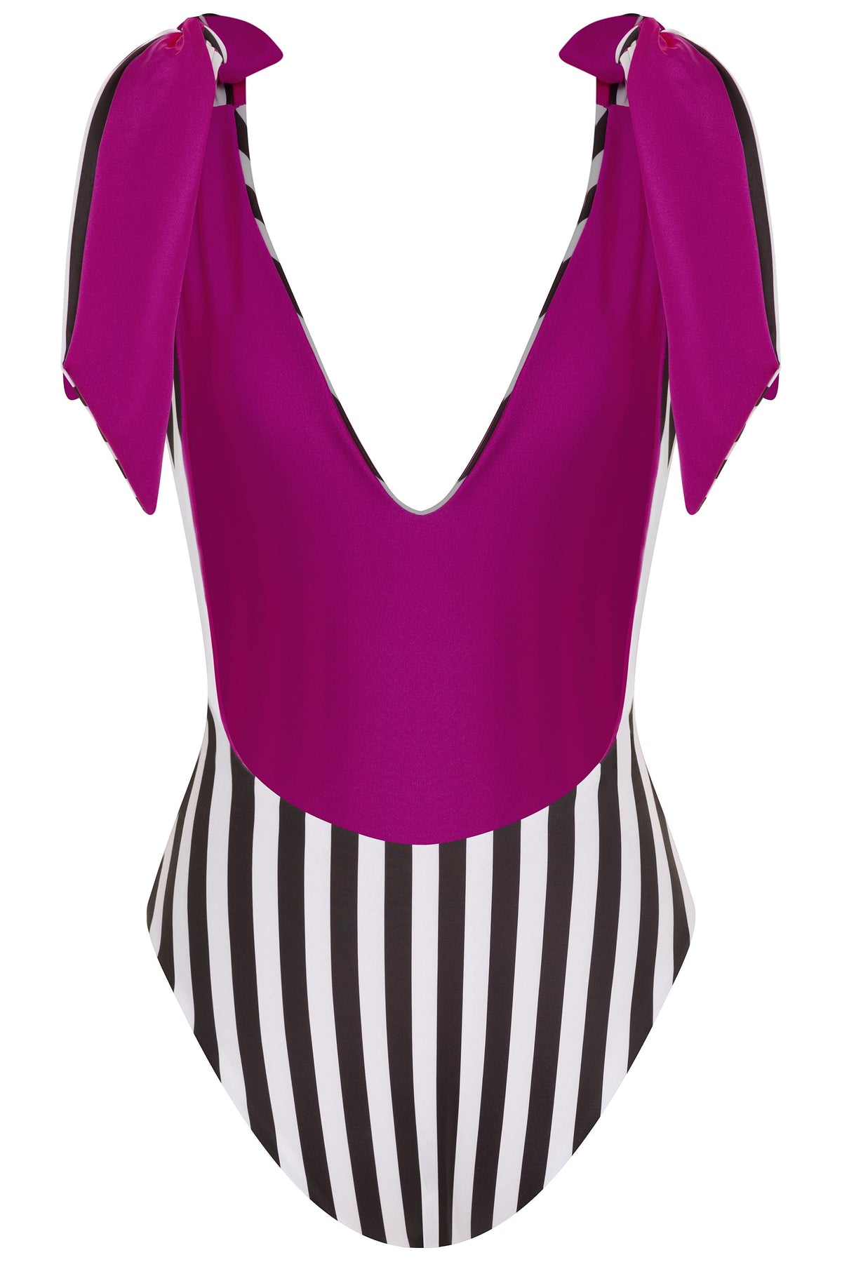 American Lady Fuchsia/B&W Stripe Reversible One Piece Swimsuit 2022 American Lady Black Fuchsia White Stripe One Piece Swimsuit Olga Nikoza Swimwear