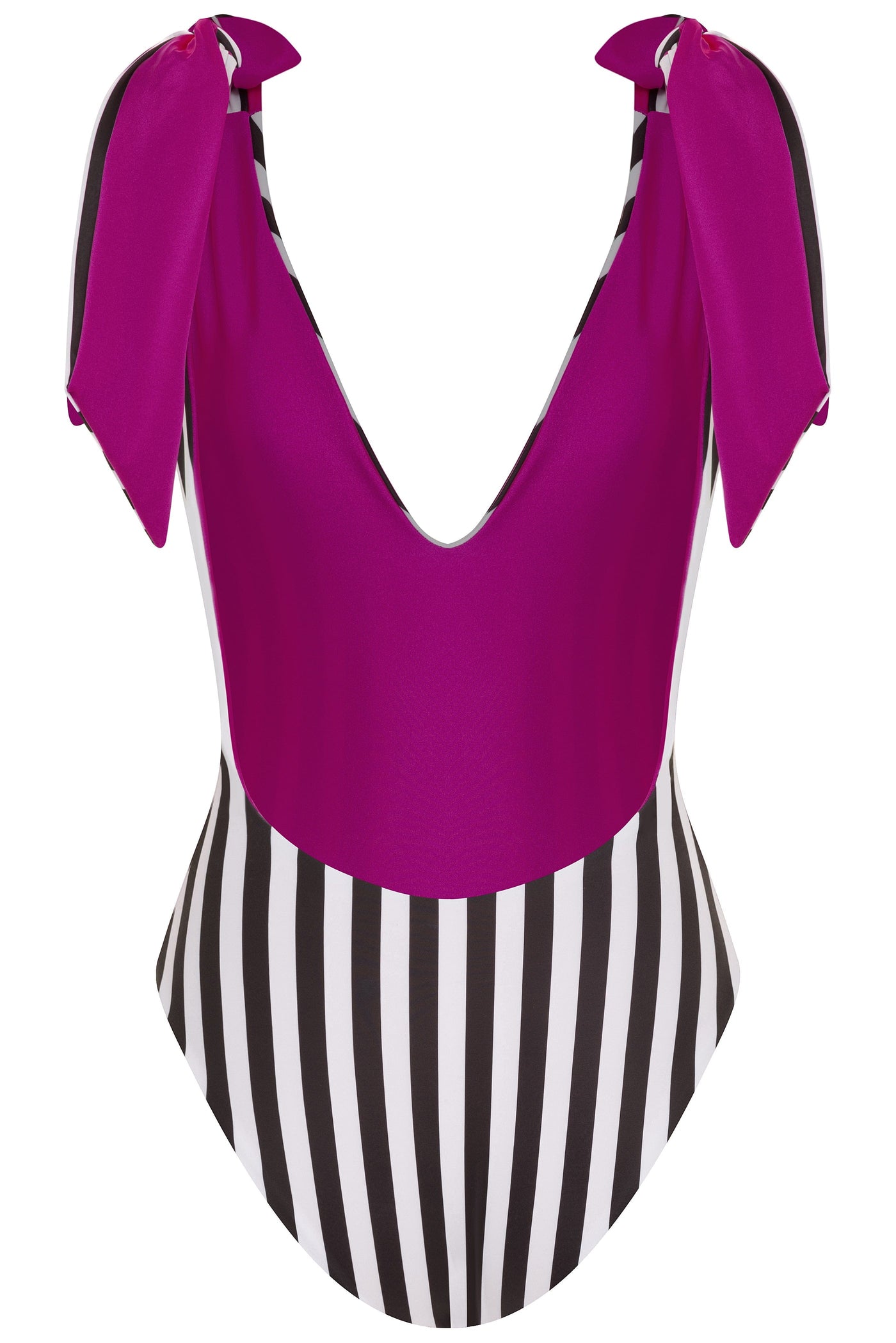 American Lady Fuchsia/B&W Stripe Reversible One Piece Swimsuit 2022 American Lady Black Fuchsia White Stripe One Piece Swimsuit Olga Nikoza Swimwear