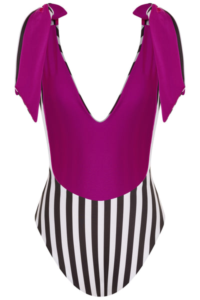 American Lady Fuchsia/B&W Stripe Reversible One Piece Swimsuit 2022 American Lady Black Fuchsia White Stripe One Piece Swimsuit Olga Nikoza Swimwear