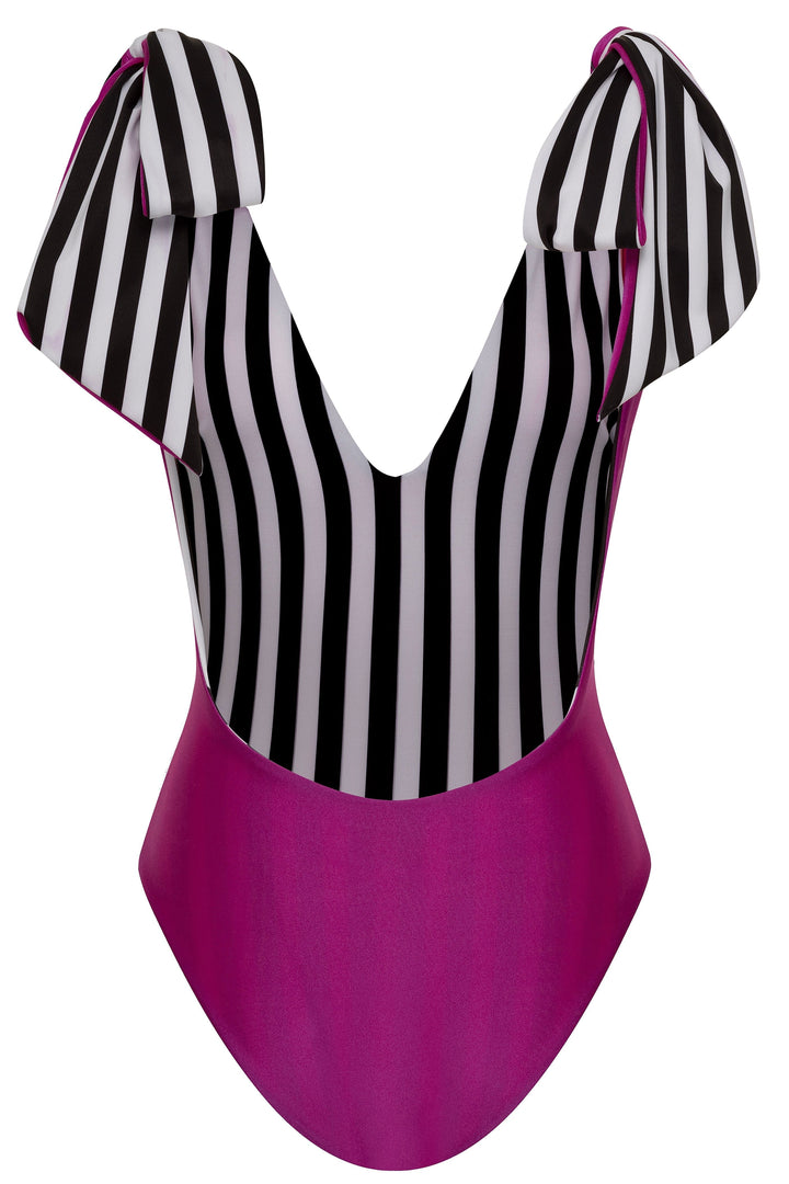 American Lady Fuchsia/B&W Stripe Reversible One Piece Swimsuit 2022 American Lady Black Fuchsia White Stripe One Piece Swimsuit Olga Nikoza Swimwear