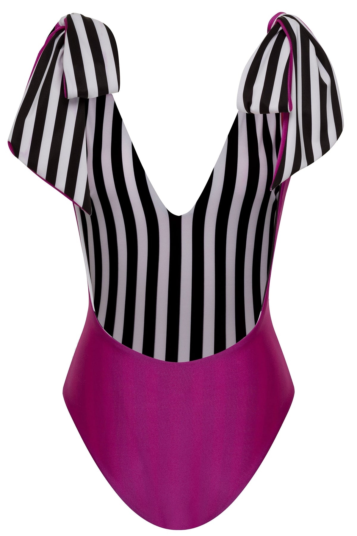 American Lady Fuchsia/B&W Stripe Reversible One Piece Swimsuit 2022 American Lady Black Fuchsia White Stripe One Piece Swimsuit Olga Nikoza Swimwear