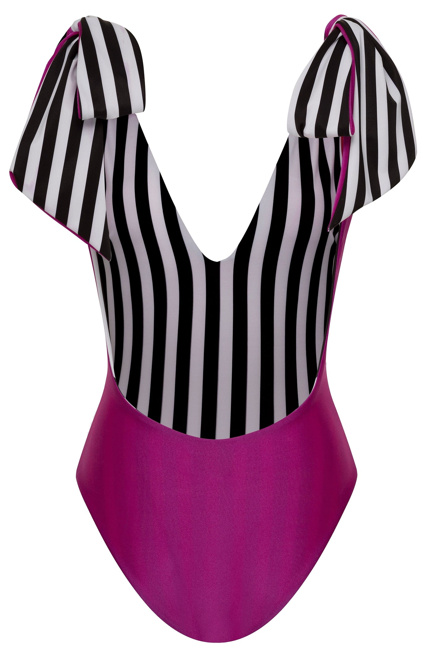 American Lady Fuchsia/B&W Stripe Reversible One Piece Swimsuit 2022 American Lady Black Fuchsia White Stripe One Piece Swimsuit Olga Nikoza Swimwear