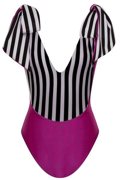 American Lady Fuchsia/B&W Stripe Reversible One Piece Swimsuit 2022 American Lady Black Fuchsia White Stripe One Piece Swimsuit Olga Nikoza Swimwear