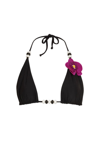 Black / XS Lycaste Fuchsia w/ Embroidered Orchid Triangle Bikini Top 2022 Nikoza Swimwear Lycaste Black Orchid Triangle Bikini Top Olga Nikoza Swimwear