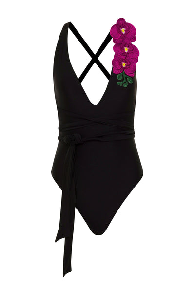 Black / XS Oncidium White w/ Embroidered Orchid One Piece Swimsuit 2022 Nikoza Swimwear Oncidium White One Piece Swimsuit Olga Nikoza Swimwear