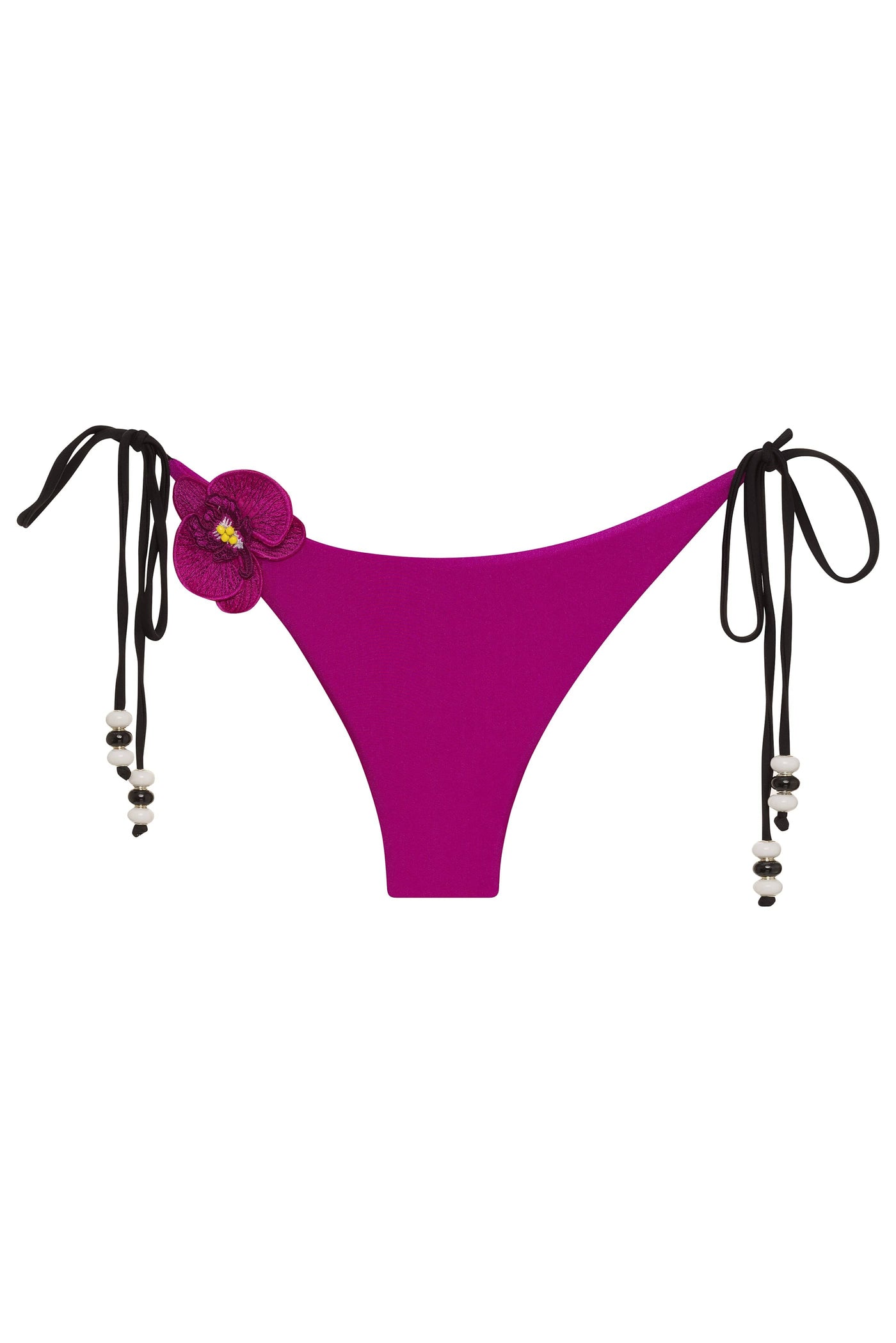 Fuchsia / XS Lycaste Black w/ Embroidered Orchid Tie Side Bikini Bottom 2022 Nikoza Swimwear Lycaste Black Murano Beaded Tie Side Bottom Olga Nikoza Swimwear