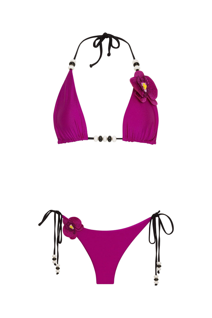 Lycaste Fuchsia w/ Embroidered Orchid Triangle Bikini Top 2022 Nikoza Swimwear Lycaste Black Orchid Triangle Bikini Top Olga Nikoza Swimwear