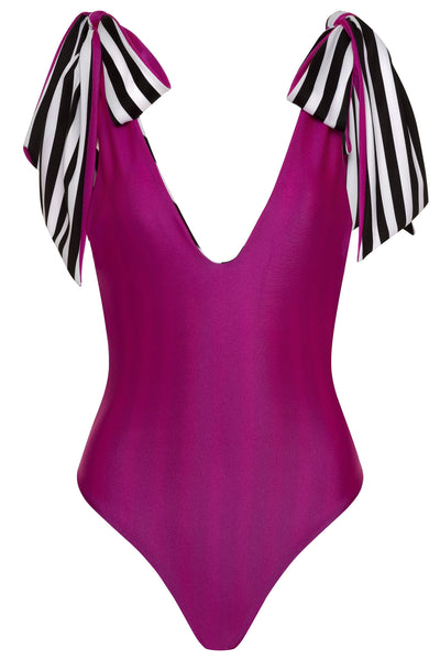 pink-stripe-reversible / XS American Lady Fuchsia/B&W Stripe Reversible One Piece Swimsuit 2022 American Lady Black Fuchsia White Stripe One Piece Swimsuit Olga Nikoza Swimwear