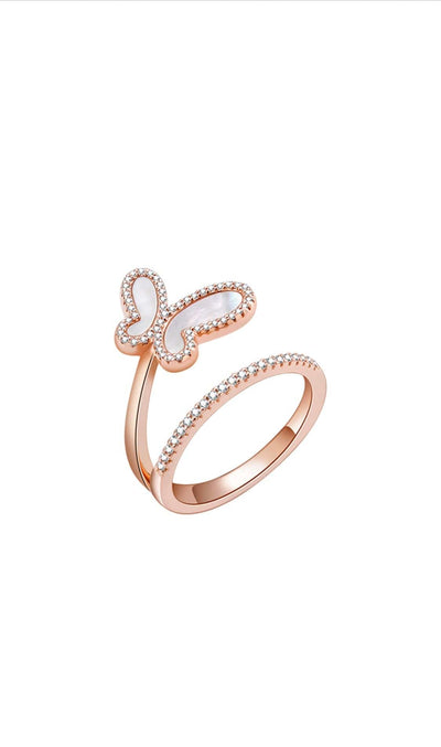 Rings Rose Gold / 5 18K Rose Gold w/ Mother Of Pearl Cubic Zirconia Encrusted Swirl Butterfly Ring Jewelry 2022 18K Rose Gold Cubic Zirconia Swirl Butterfly Ring Jewelry Olga Nikoza Swimwear