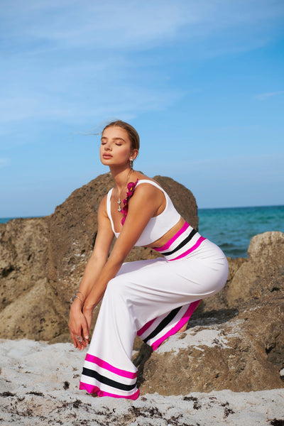 Star Island Black w/ Fucsia & White Stripe Resort Pants Cover Up 2022 Nikoza Swimwear Black Fucsia White Stripe Star Island Pants Olga Nikoza Swimwear
