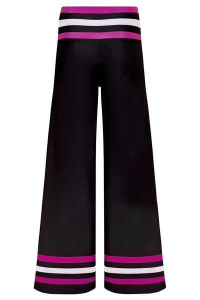 Star Island Black w/ Fucsia & White Stripe Resort Pants Cover Up 2022 Nikoza Swimwear Black Fucsia White Stripe Star Island Pants Olga Nikoza Swimwear