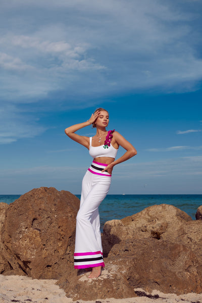 Star Island White w/ Fucsia & Black Stripe Resort Pants Cover Up 2022 Nikoza Swimwear White Black Fucsia Stripe Star Island Pants Olga Nikoza Swimwear