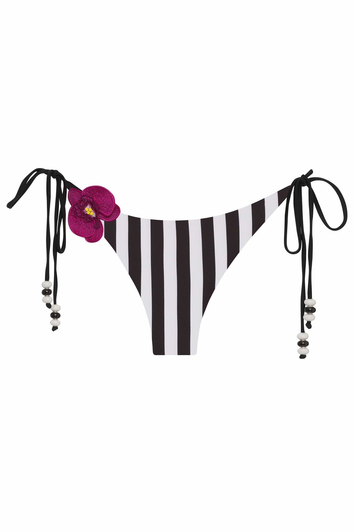 Stripe / XS Lycaste Black & White Stripe w/ Embroidered Orchid Tie Side Bikini Bottom 2022 Nikoza Swimwear Lycaste Black White Stripe Tie Side Bottom Olga Nikoza Swimwear